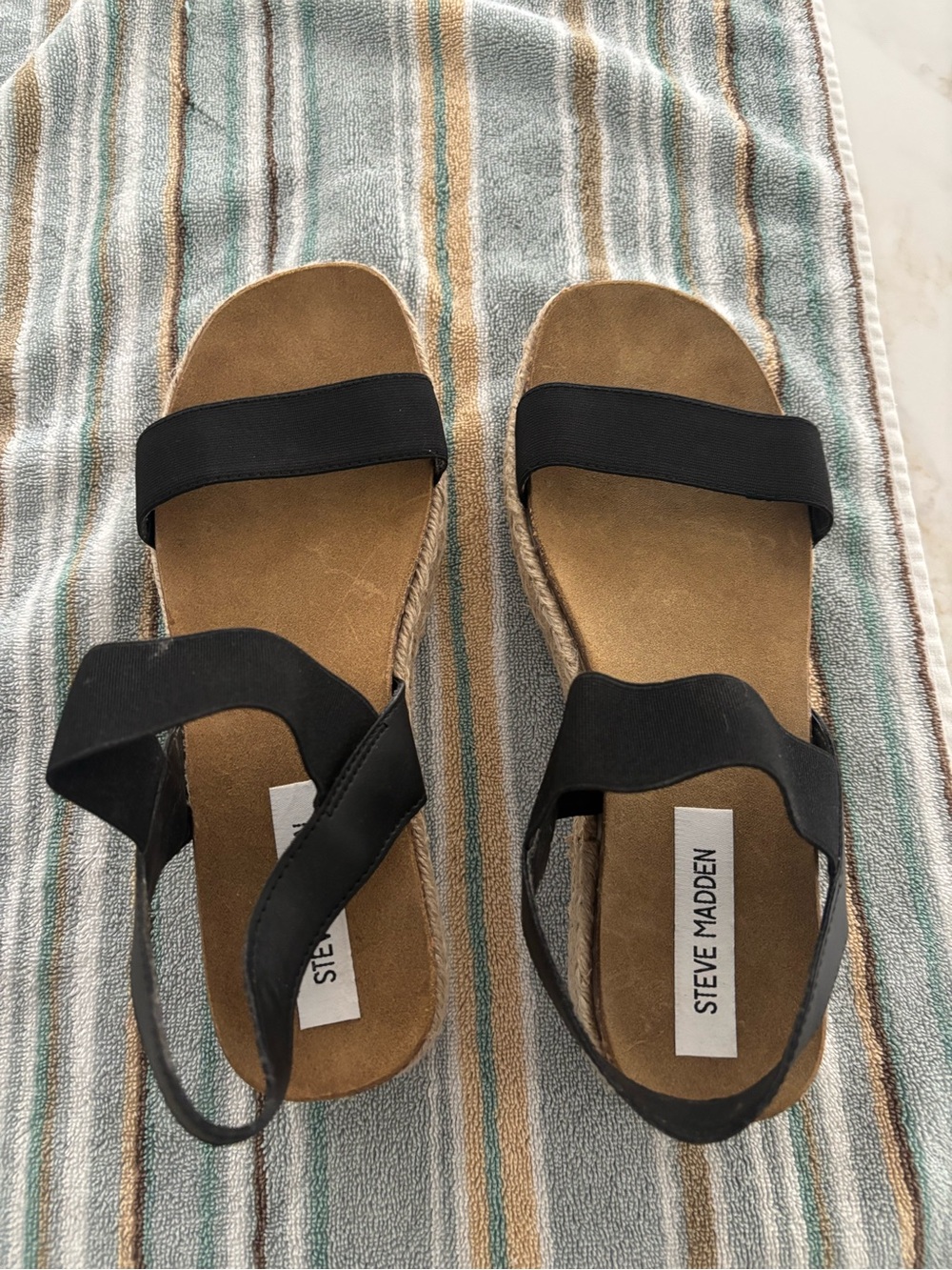 Steve Madden Black Elastic Strap Espadrille Sandals with Tan Footbed
